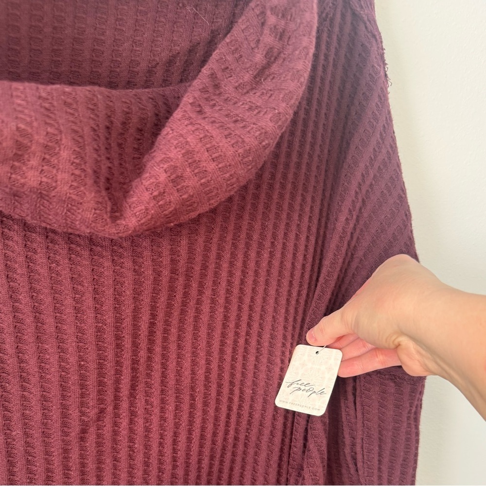 NWT Free People Waffle Knit Hooded Pullover Burgundy Size Small - Picture 5 of 7